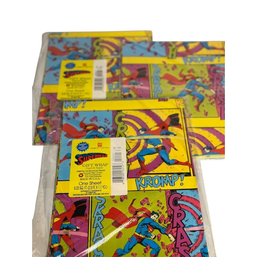 VTG 3‎ Sheets American Greetings Superman Comic Wrapping Paper NOS Superhero 90s
